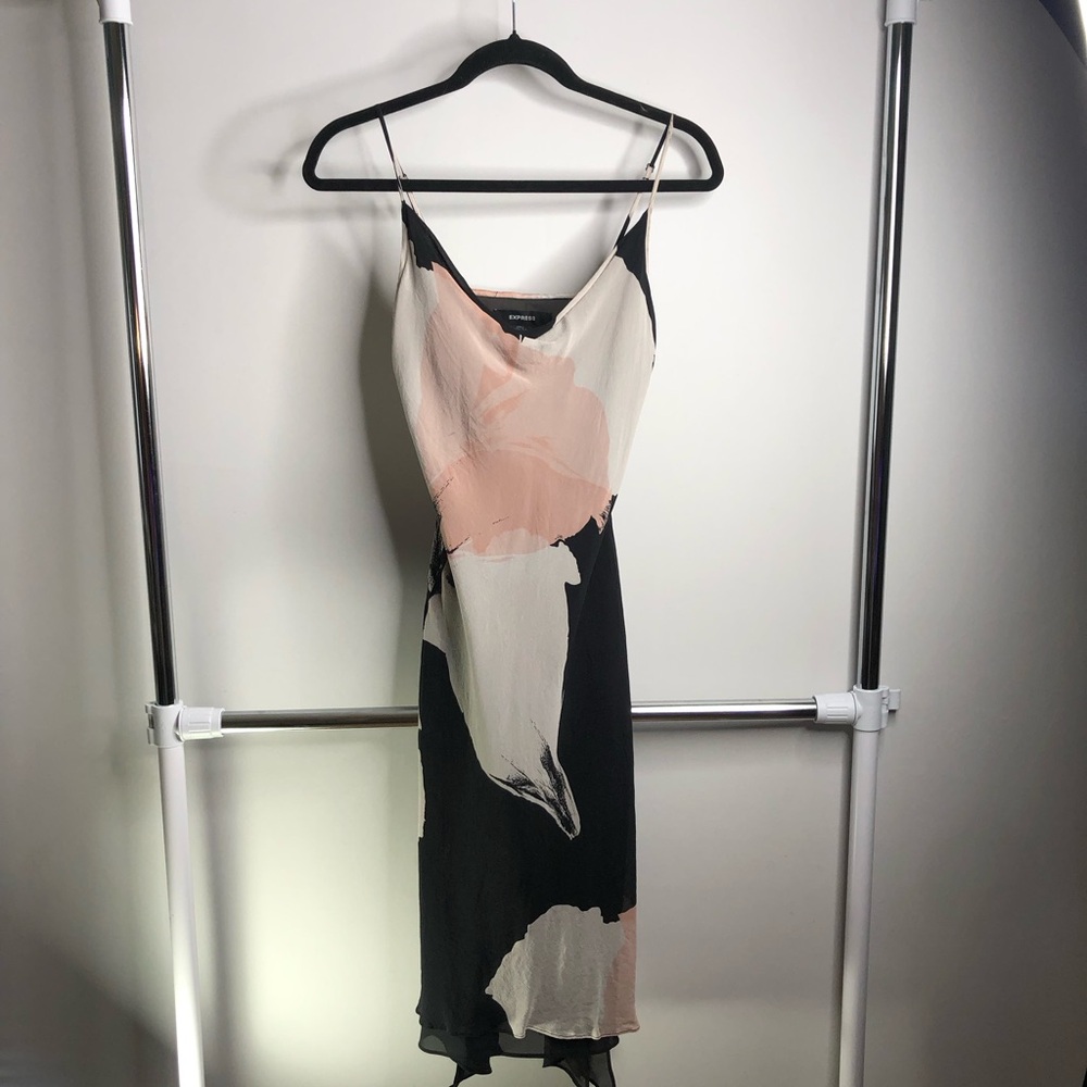 Express Vintage Silk Black Blush Pink White Midi Slip Size 7/8 Dress